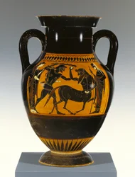 Attisch-schwarzfigurige Amphora Typ B mit Herakles, der den Zentauren angreift, 530-20 v. Chr. (Terrakotta)