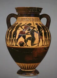 Attische schwarzfigurige Amphore mit Theseus und dem Minotaurus, beobachtet von sechs Jugendlichen