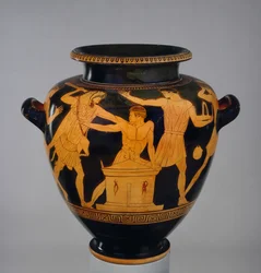 Attischer rotfiguriger Stamnos mit Herakles und Busiris, dem König von Ägypten, verziert, von einem späten Nachfolger des Berliner Malers, aus Vulci, ca. 470-460 v. Chr.