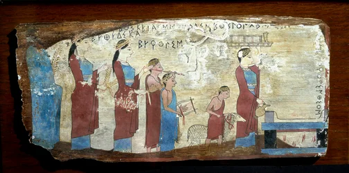 Griechische Antike: Opferung eines Lammes. Holztafel aus Sikyon am Golf von Korinth. 6. Jahrhundert v. Chr. Athen, Archäologisches Nationalmuseum