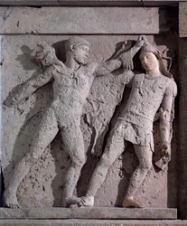 Magna Graecia: Metope mit Herakles und Amazone, Steinrelief, 5. Jahrhundert v. Chr.