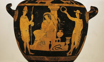 Rotfiguriger Krater, der Orestes, Elektra und Pylades am Grab von Agamemnon darstellt