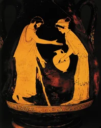 Mann mit Spazierstock und Frau mit Hydria