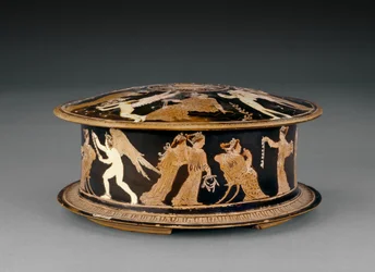 Attische rotfigurige Pyxis, dekoriert mit Frauen und Eroten oder Cupidos, nahe dem Meidias-Maler, Ende des 5. Jahrhunderts v. Chr. (Keramik)