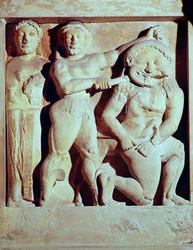 Relief, das Perseus zeigt, wie er Athena hilft, die Gorgone zu töten, Metope vom Tempel von Selinunte, Sizilien