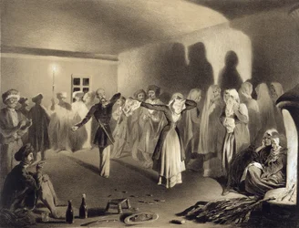 Tanzparty in Kagha-Choura, Dagestan, Tafel 55 aus einem Buch über den Kaukasus, graviert von Celestin Francois Nanteuil, veröffentlicht von Alfred Leon Lemercier, Paris, 1847