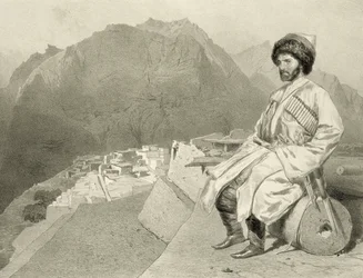 Ansicht von Ghimri und Porträt von Hadji-Mourad, Tafel 66 aus einem Buch über den Kaukasus, graviert von Jules Joseph Augustin Laurens und Eugene Ciceri, von Adolphe Mouilleron