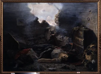 Die Belagerung von Sewastopol (Ukraine). Darstellung der Gräueltaten des Krimkriegs (1853-1856) während der Belagerung von Sewastopol im Jahr 1854. Die Leichen einer Frau und ihres Babys liegen auf dem Boden ihres Hauses, dessen Wand weggerissen wurde.