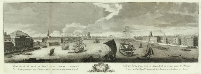 Blick auf die Newa flussabwärts zwischen dem Winterpalast und der Akademie der Wissenschaften Buch zum 50. Jahrestag von St. Petersburg, 1753