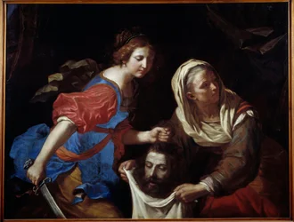 Judith und das Haupt des Holofernes. Ihre Magd Abra hält den Beutel, während Judith den Kopf des Mannes ablegt. Gemälde von Giovanni Francesco Barbieri, genannt Il Guercino.