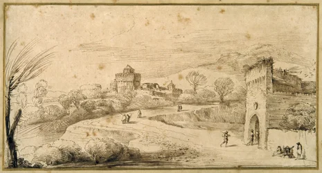 Landschaft mit einem Zinnen-Torhaus und einer kurvenreichen Straße