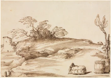 Landschaft mit einem Mann, der sich auf einen Ballen lehnt