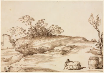 Landschaft mit einem Mann, der sich auf einen Ballen lehnt, um 1640