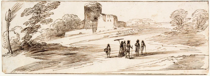 Landschaft mit Burg und Figuren
