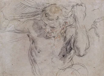 Ein Satyr hebt den Vorhang und eine Nebenskizze seiner linken Hand