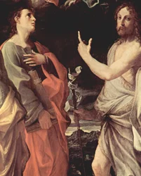 Krönung der Jungfrau Maria mit den Heiligen Johannes dem Evangelisten, Johannes dem Täufer, Bernhard und Katharina von Alexandrien, Detail: der heilige Johannes der Evangelist und der heilige Johannes der Täufer
