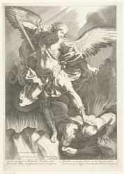 Der Erzengel St. Michael besiegt den Teufel, graviert von Pieter de Bailliu, 1623-60
