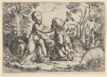 Junger Heiliger Johannes der Täufer kniend vor dem Jesuskind, das sein Gesicht streichelt, ca. 1600-1640