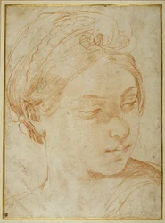 Kopf einer jungen Frau, die über ihre linke Schulter schaut