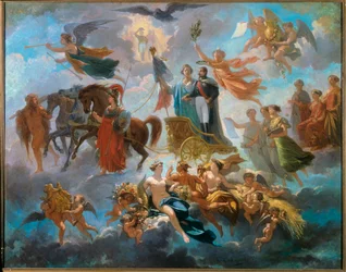 Die Apotheose von Napoleon III. (1808-1873) Allegorische Darstellung des Triumphs des Kaisers auf einem Wagen, unter mythologischen Figuren Athena, Herkules, Hermes. Gemälde von Alphonse Cabasson (1814-1884) 1854 Compiegne