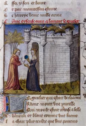 Eine galante Szene zwischen zwei Liebenden: Das Mädchen lädt ihren Liebhaber ein, einzutreten. Miniatur aus „Le Romanesque de la Rose“ von Guillaume de Lorris