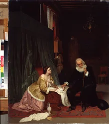 Der Arztbesuch - Ein Arzt misst den Puls eines kranken Kindes unter den besorgten Augen seiner Mutter. Gemälde von Gustav Budkovski (1813-1884) 1859 Staatliches Kunstmuseum, Nischni Tagil, Russland