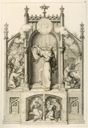 Luther will keine Ablässe geben, links: Johann Tetzel (1465-1519) verbrennt die Schriften Luthers, Hauptbild: Luther hängt seine 95 Thesen an die Kirchentür von Wittenberg, rechts: Studenten der Universität Wittenberg verbrennen