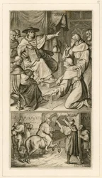 Martin Luther im Gespräch mit Kardinal Cajetan, Luther muss seine Schriften widerrufen, neben ihm sein Freund Staupitz