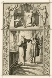Martin Luther bereitet sich durch ein Gebet auf das Treffen mit dem Kaiser vor (Bild oben); Hauptbild: Luther trifft den Ritter Georg von Frundsberg