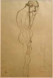 Stehende alte Frau im Profil nach rechts, Beinstudie