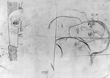 Studien für Ver Sacrum 1900 - Pallas Athene und ein tragischer Kopf, 1897-98 (Bleistift und blauer Kreide auf Transparentpapier)