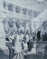Daniel deutet die Schrift an der Wand, graviert von A. Ligny, ca. 1868