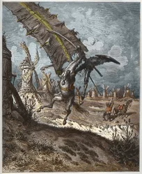 Don Quijote und die Windmühlen aus „Don Quijote de la Mancha“ von Miguel Cervantes (1547-1616) - graviert von Heliodore Joseph Pisan (1822-90) nach einer Zeichnung von Gustave Doré