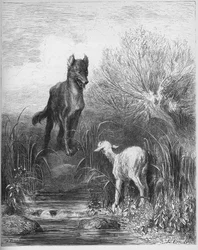 Der Wolf und das Lamm, aus den „Fabeln“ von Jean de La Fontaine (Lafontaine) (1621-95), Stich nach Gustave Doré (1832-83), Privatsammlung