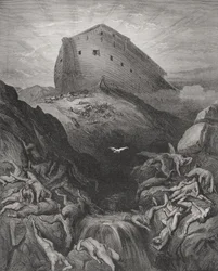 Die Taube wird aus der Arche gesandt, Genesis 13:8-9, Illustration aus Dorés 