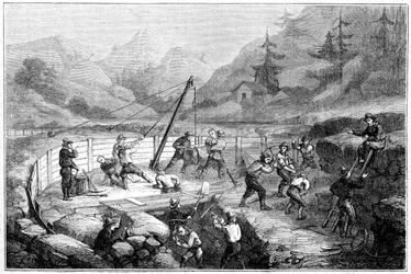 Ausgrabung und Waschen von Sanden am Grund eines Flusses, Kalifornien, 19. Jahrhundert