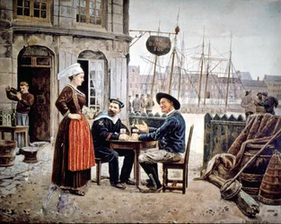 2 Männer (ein Seemann und ein bretonischer Fischer) in einer Bar, die sich mit einer bretonischen Kellnerin unterhalten, Saint Malo