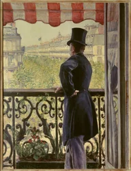 Der Mann auf dem Balkon. Ein eleganter Mann mit Zylinder lehnt am Geländer eines Balkons an den großen Pariser Boulevards. 1880. Maße: 0,86 x 1,14 m. Privatsammlung