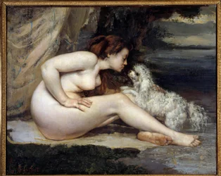Hund und nackte Frau. Porträt von Léontine Renaude (1819-1877)