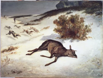 Hirschkuh im Schnee niedergestreckt, 1866