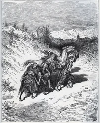 Ein Pflüger bringt Don Quijote und Rossinante ins Dorf zurück - aus "Don Quijote von der Mancha" von Miguel Cervantes