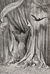 Nach einer Zeichnung von Gustave Doré für Edgar Allan Poes Gedicht Der Rabe. Aus Leben und Erinnerungen von Gustave Doré, veröffentlicht 1885.