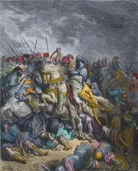 Schlacht von Arsuf - Richard I. Löwenherz (1157-1199), König von England, nimmt am 3. Kreuzzug teil - Richard Löwenherz in der Schlacht von Arsuf (1191), Dritter Kreuzzug, Gravur von Gustave Doré - aus 