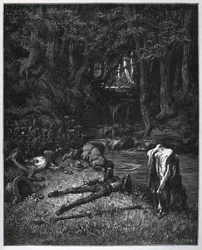 Biwak im Wald - Verzaubert von der Schönheit des Ortes beschlossen sie, dort die Stunden des Nickerchens zu verbringen - aus „Don Quixote de la Mancha“ von Miguel Cervantes (1547-1616) - Holzschnitt nach einer Zeichnung von Gustave Dore