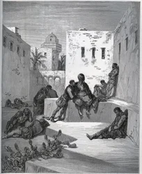 Gefangenengeschichte. Hof des Bagnes von Algier, wo der Gefangene einen Dienst von einem Renegaten erbittet - aus „Don Quijote de la Mancha“ von Miguel Cervantes - Holzschnitt nach einer Zeichnung von Gustave Doré