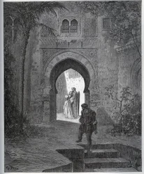 Gefangenen-Geschichte. Erstes Treffen des Gefangenen mit Zoraide im Garten des Vaters, der sie nach seinem Ohnmachtsanfall zurückbringt - aus "Don Quijote von der Mancha" von Miguel Cervantes