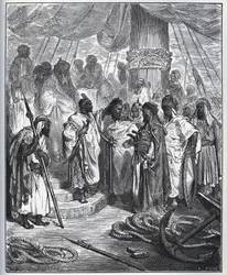 Gefangenen-Geschichte. Pagano Dorias Kopf wurde von den Arabern abgeschnitten - Die Araber schnitten seinen Kopf ab und brachten ihn zum General der türkischen Flotte - aus „Don Quijote von der Mancha“ von Miguel Cervantes (1547-1616) - Holzschnitt nach ei