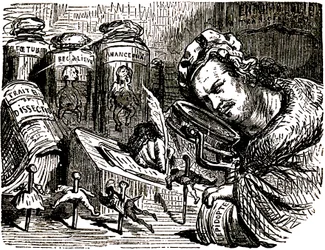 Karikatur von Honoré de Balzac (1799-1850) von Gustave Doré (1832-1883) für die „Drolatischen Geschichten“ (1855): der Schriftsteller wird als Entomologe dargestellt, der Menschen wie Insekten in seinem mit Entomologie- und Sezierentwürfen sowie Gläsern ge