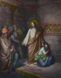 „Christus und die Ehebrecherin“, Illustration von Gustave Doré (1832-1883) - Jesus und die beim Ehebruch ertappte Frau - Stich von Gustave Doré - spätere Kolorierung