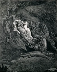 Dante und Vergil mit Paolo und Francesca, Illustration zu Inferno, Gesang V der Göttlichen Komödie, von Dante Alighieri (1265-1321)